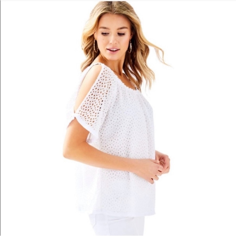 Lilly Pulitzer Lillette Cold Shoulder Top Resort White Eyelet Crinkle Chiffon Xs